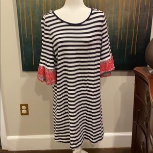 Crown & Ivy navy stripe with pink bell sleeve